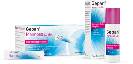 Verpackung und Produkt Gepan® Mannose to go und Mannose-Gel von Pohl-Boskamp