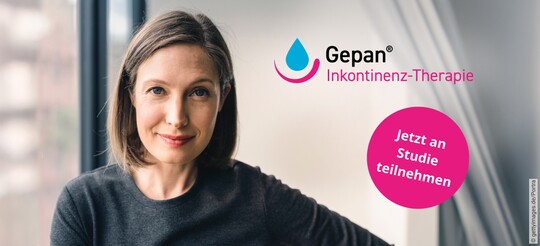 Mehr zur digitalen Gepan® Therapie erfahren Frau neben Logo der Gepan® Inkontinenz-Therapie mit Button ‚Jetzt teilnehmen‘ – Hinweis auf Studienaufruf.