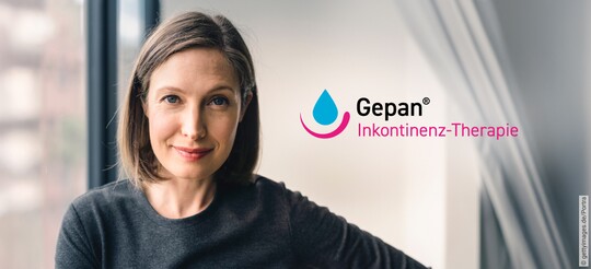 Frau neben Logo der Gepan® Inkontinenz-Therapie mit Logo Gepan Inkontinenz-Therapie