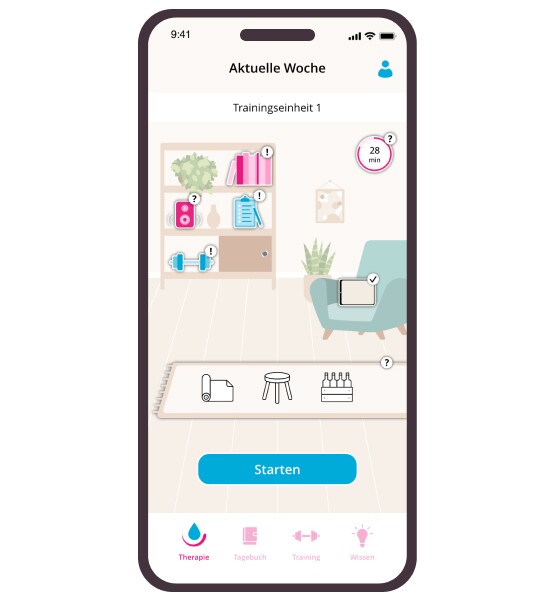 Jetzt Trainingsprogramm in der Gepan® App starten App-Screen der Gepan® Inkontinenz-Therapie mit Trainingsübersicht und Startbutton
